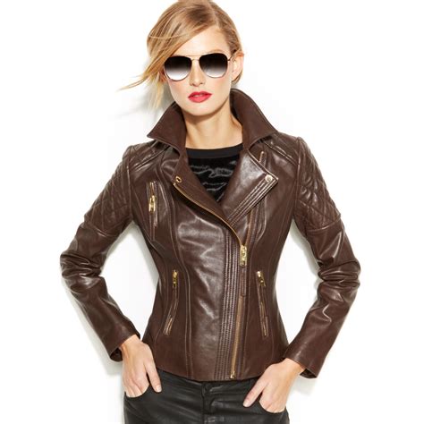 michael kors light brown leather jacket|michael kors leather jacket macy's.